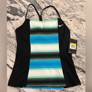 NWT 💦 NIKE Tankini Swim Top - Black Sides & Striped Front & Back , Bra Inside